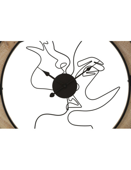 Grande Horloge murale Couple abstrait Ronde 60 cm en Métal Noir Bois Naturel Tovyn 