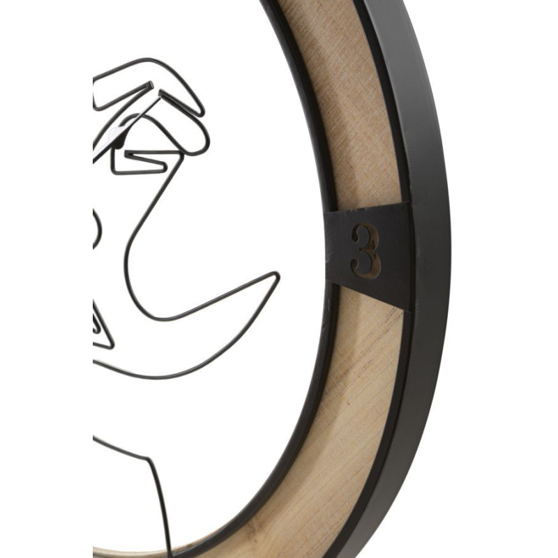 Grande Horloge murale Couple abstrait Ronde 60 cm en Métal Noir Bois Naturel Tovyn 