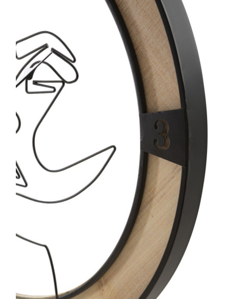 Grande Horloge murale Couple abstrait Ronde 60 cm en Métal Noir Bois Naturel Tovyn 