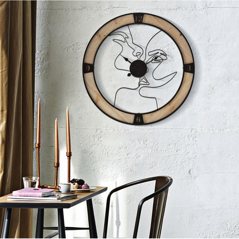 Grande Horloge murale Couple abstrait Ronde 60 cm en Métal Noir Bois Naturel Tovyn 