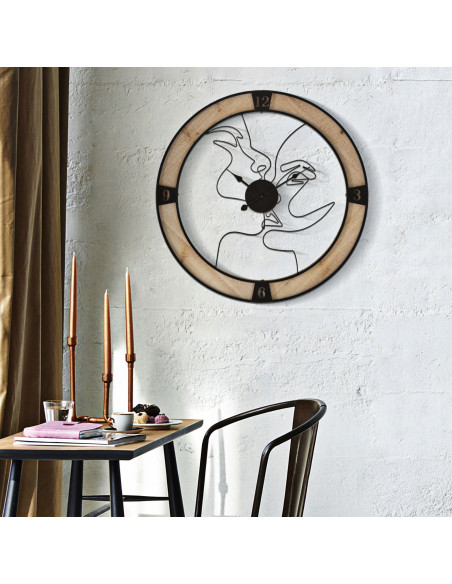 Grande Horloge murale Couple abstrait Ronde 60 cm en Métal Noir Bois Naturel Tovyn 