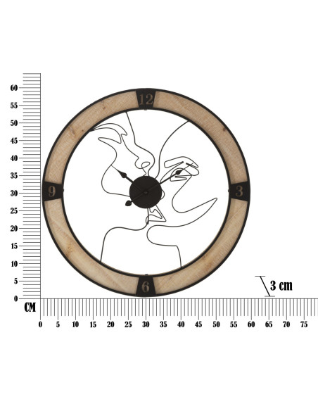 Grande Horloge murale Couple abstrait Ronde 60 cm en Métal Noir Bois Naturel Tovyn 