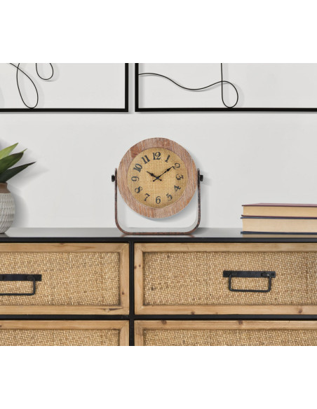 Horloge originale à poser Ronde 23x24 en Bois Rotin Naturel Métal Toran 