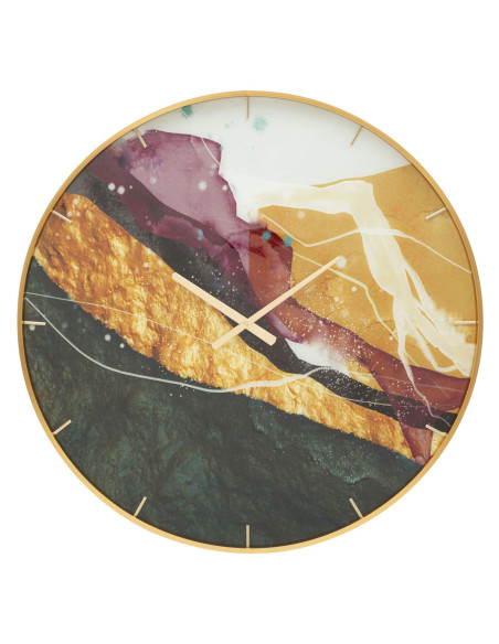 Horloge murale moderne chic Ronde 60 cm en Métal Doré Verre Vert Rose Mity 