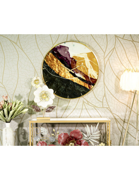 Horloge murale moderne chic Ronde 60 cm en Métal Doré Verre Vert Rose Mity 