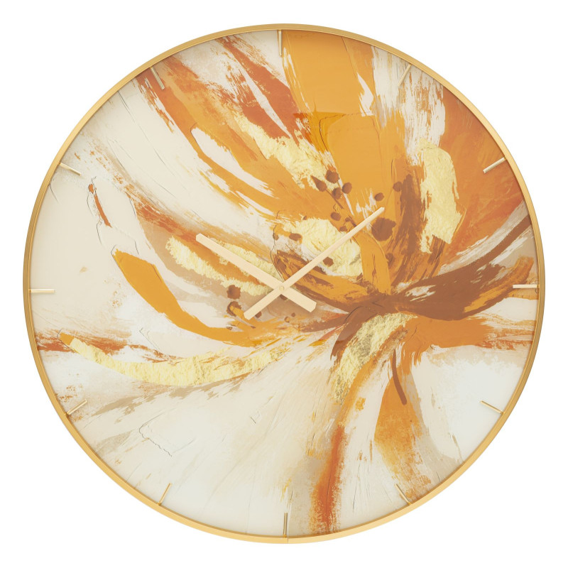 Grande Horloge murale moderne chic Ronde 80 cm en Métal Doré Verre Orange Beige Toply 