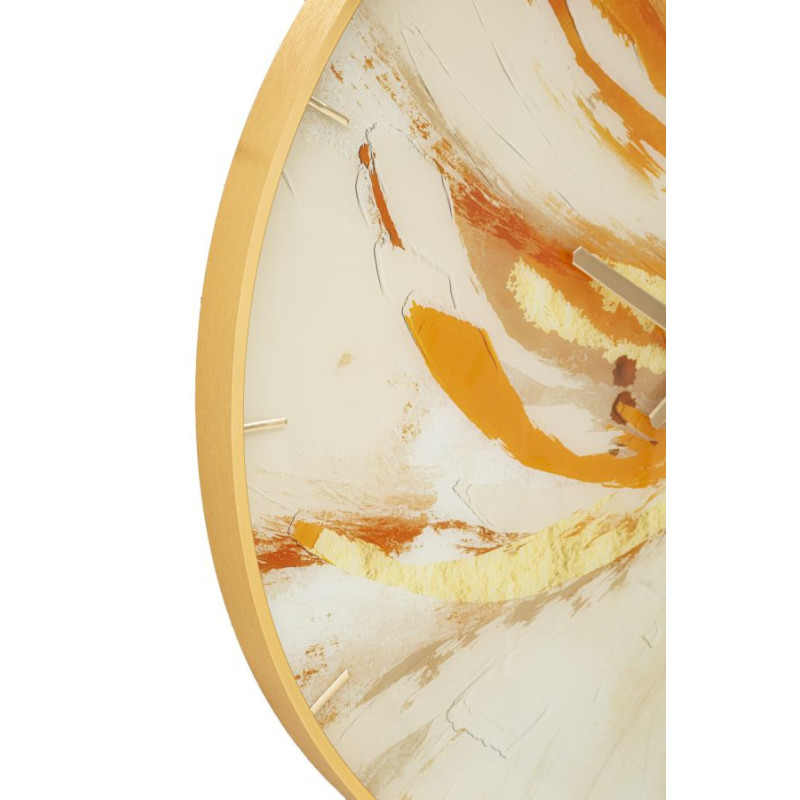 Grande Horloge murale moderne chic Ronde 80 cm en Métal Doré Verre Orange Beige Toply 