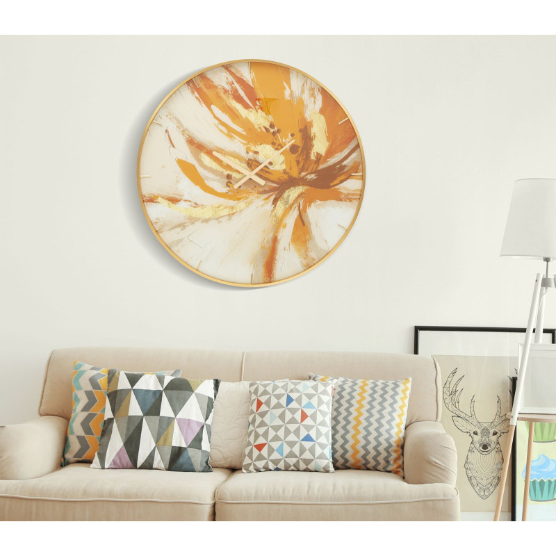 Grande Horloge murale moderne chic Ronde 80 cm en Métal Doré Verre Orange Beige Toply 