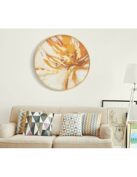 Grande Horloge murale moderne chic Ronde 80 cm en Métal Doré Verre Orange Beige Toply 