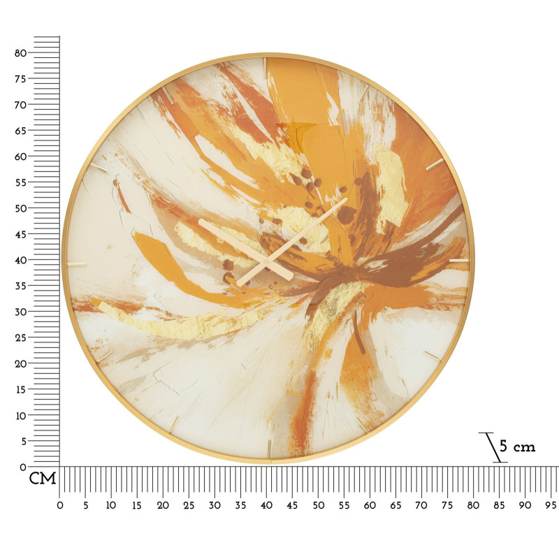 Grande Horloge murale moderne chic Ronde 80 cm en Métal Doré Verre Orange Beige Toply 