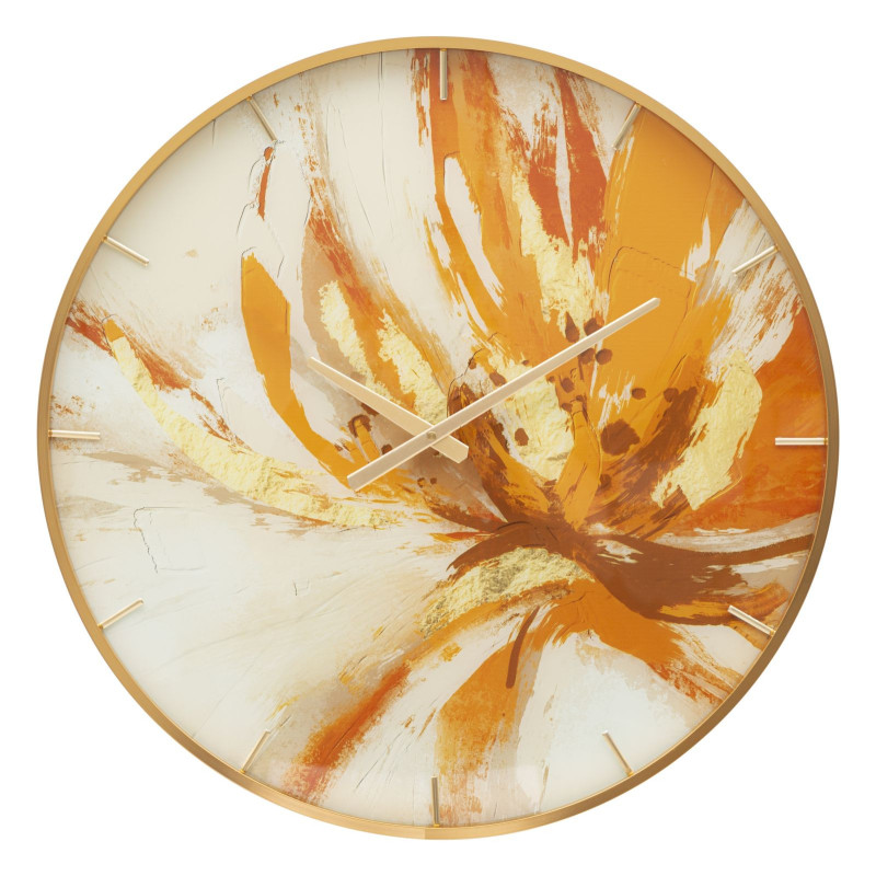 Horloge murale moderne chic Ronde 60 cm en Métal Doré Verre Orange Beige Toply 