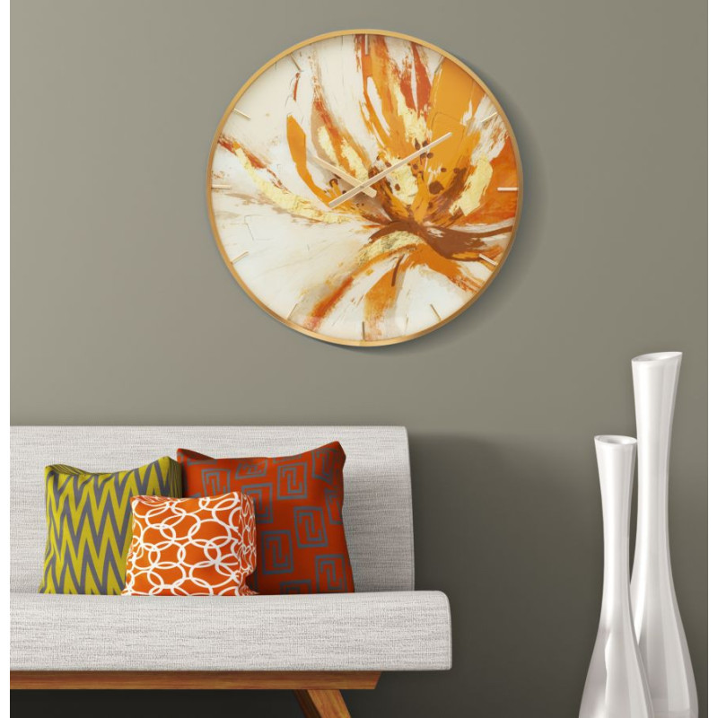 Horloge murale moderne chic Ronde 60 cm en Métal Doré Verre Orange Beige Toply 