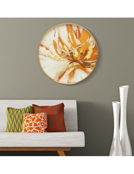 Horloge murale moderne chic Ronde 60 cm en Métal Doré Verre Orange Beige Toply 