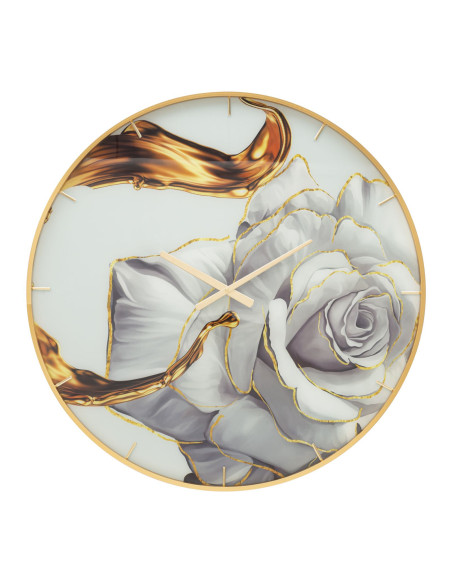 Grande Horloge murale moderne chic Ronde 80 cm en Métal Doré Verre Motif fleur Liron 