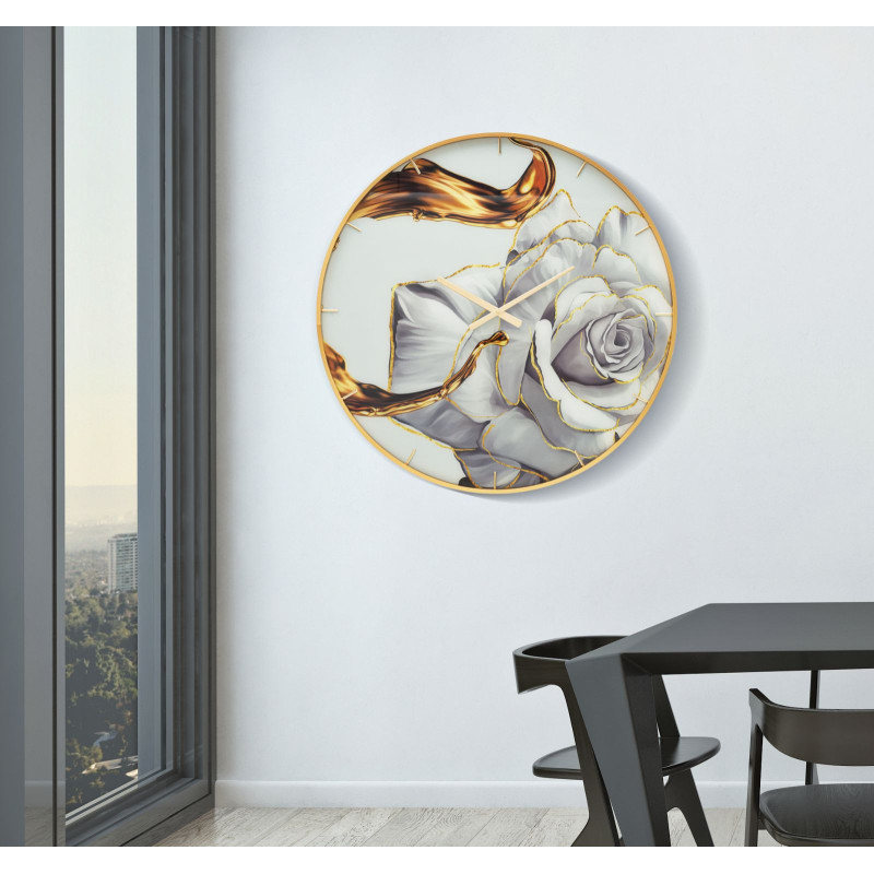 Grande Horloge murale moderne chic Ronde 80 cm en Métal Doré Verre Motif fleur Liron 