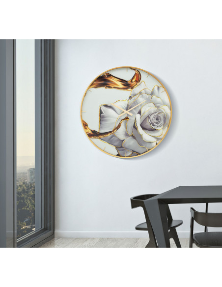 Grande Horloge murale moderne chic Ronde 80 cm en Métal Doré Verre Motif fleur Liron 