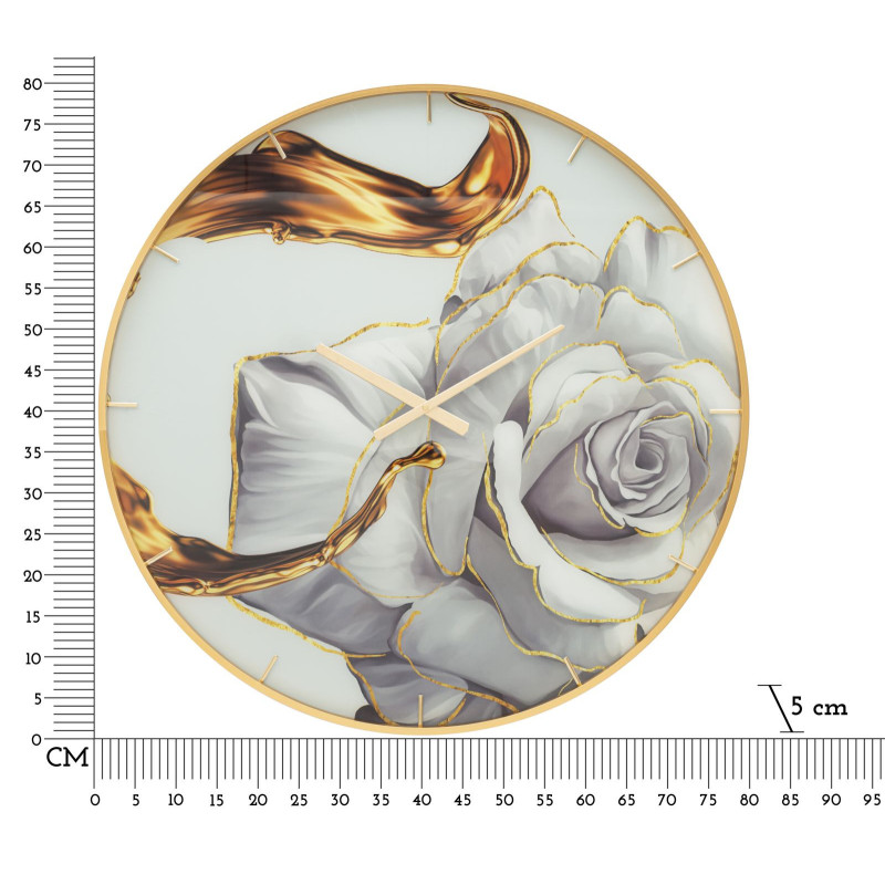 Grande Horloge murale moderne chic Ronde 80 cm en Métal Doré Verre Motif fleur Liron 
