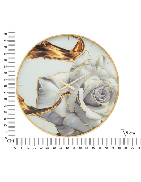 Grande Horloge murale moderne chic Ronde 80 cm en Métal Doré Verre Motif fleur Liron 