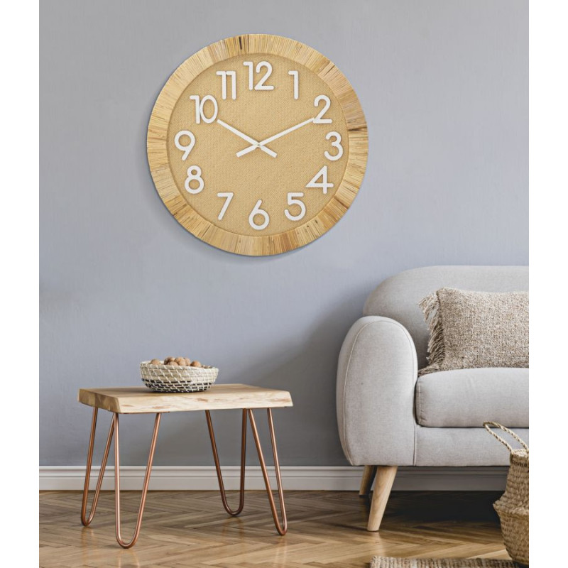 Grande Horloge murale Bohème chic Ronde 60 cm en Bois Rotin Naturel Tressé Arvon 