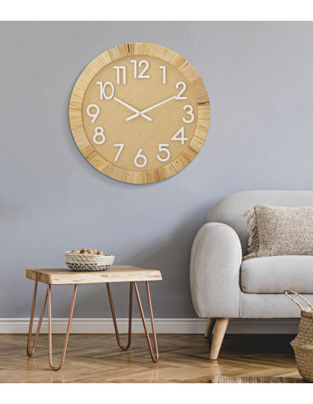 Grande Horloge murale Bohème chic Ronde 60 cm en Bois Rotin Naturel Tressé Arvon 