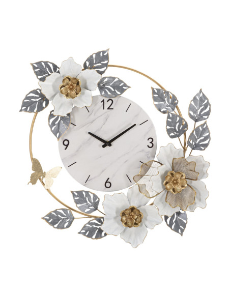 Grande Horloge murale Fleurs Ronde 61 cm en Métal Doré Gris Blanc Effet marbre Kalor 