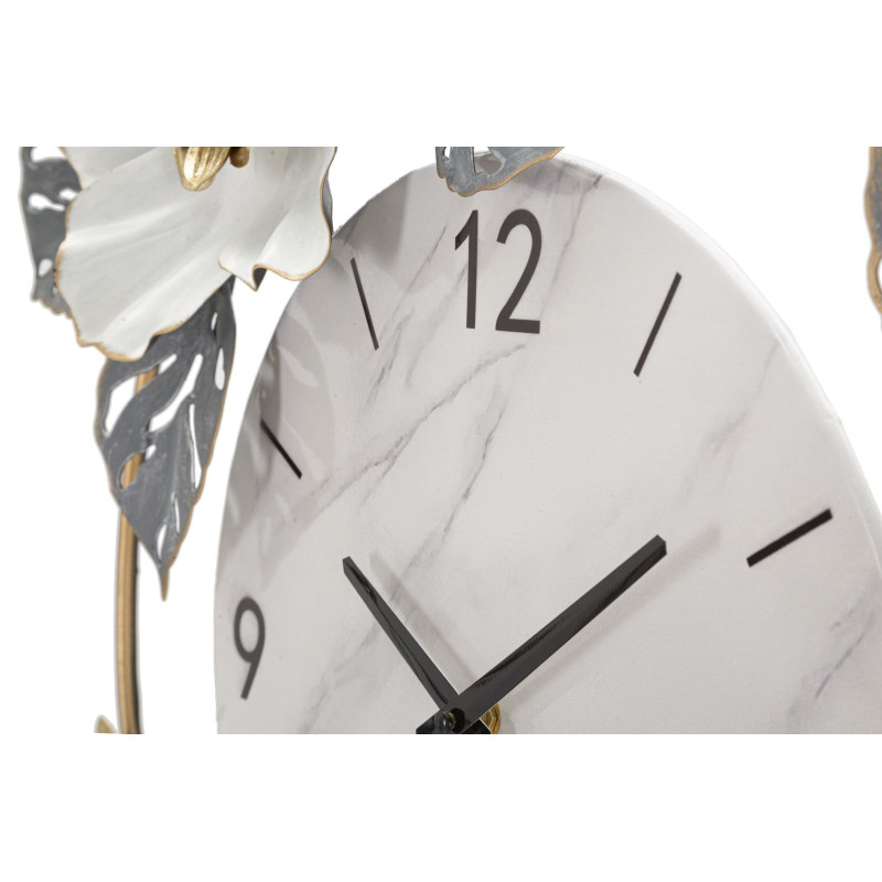 Grande Horloge murale Fleurs Ronde 61 cm en Métal Doré Gris Blanc Effet marbre Kalor 