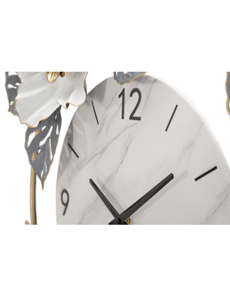 Grande Horloge murale Fleurs Ronde 61 cm en Métal Doré Gris Blanc Effet marbre Kalor 