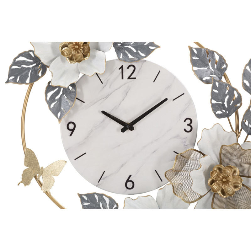 Grande Horloge murale Fleurs Ronde 61 cm en Métal Doré Gris Blanc Effet marbre Kalor 
