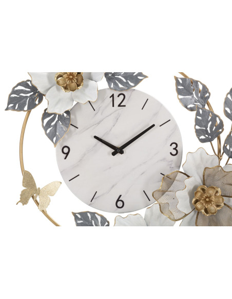 Grande Horloge murale Fleurs Ronde 61 cm en Métal Doré Gris Blanc Effet marbre Kalor 