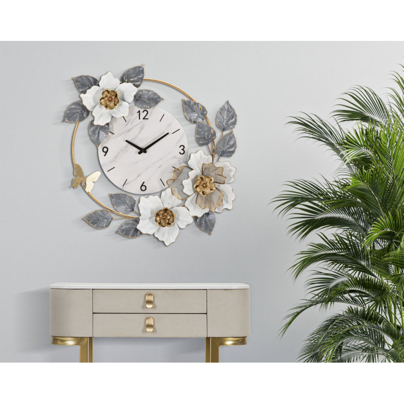 Grande Horloge murale Fleurs Ronde 61 cm en Métal Doré Gris Blanc Effet marbre Kalor 