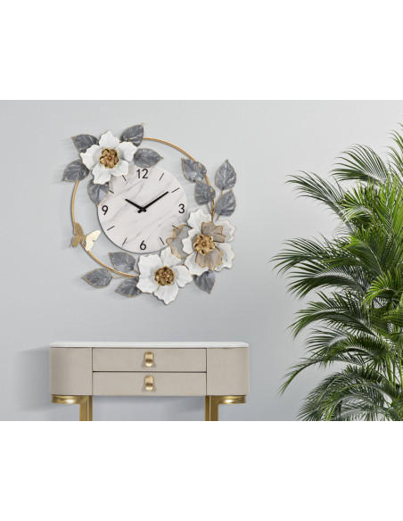 Grande Horloge murale Fleurs Ronde 61 cm en Métal Doré Gris Blanc Effet marbre Kalor 