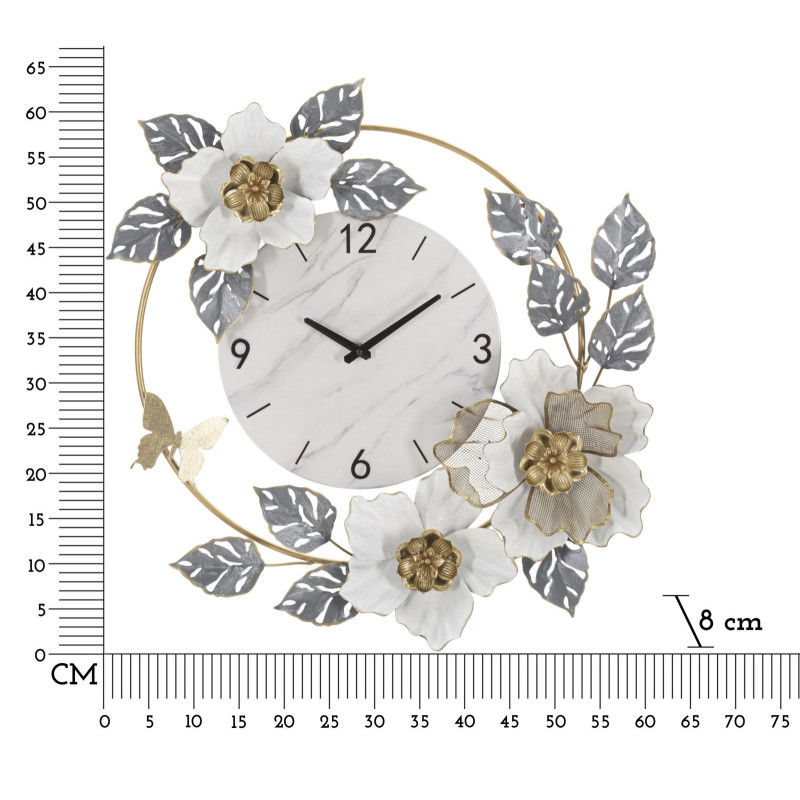 Grande Horloge murale Fleurs Ronde 61 cm en Métal Doré Gris Blanc Effet marbre Kalor 