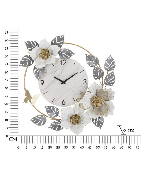 Grande Horloge murale Fleurs Ronde 61 cm en Métal Doré Gris Blanc Effet marbre Kalor 