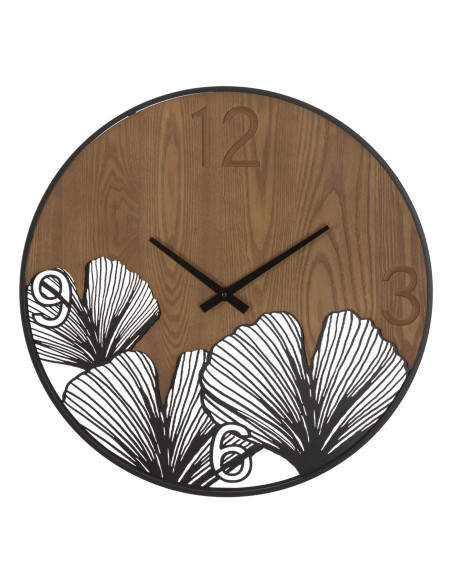 Grande Horloge murale originale Feuilles tropicales Ronde 60 cm en Bois Marron foncé Métal Noir Farla 
