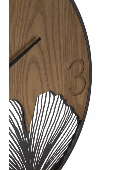 Grande Horloge murale originale Feuilles tropicales Ronde 60 cm en Bois Marron foncé Métal Noir Farla 