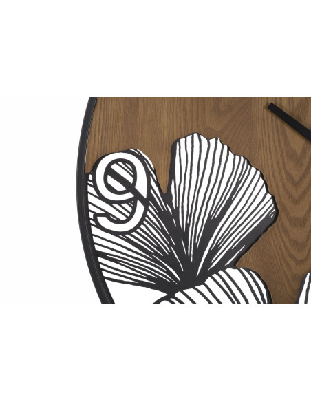 Grande Horloge murale originale Feuilles tropicales Ronde 60 cm en Bois Marron foncé Métal Noir Farla 