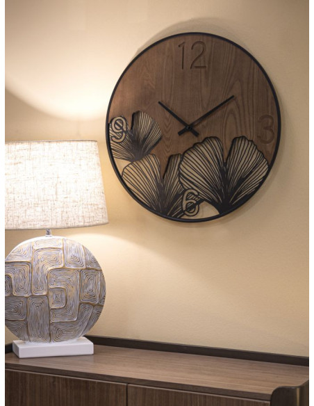 Grande Horloge murale originale Feuilles tropicales Ronde 60 cm en Bois Marron foncé Métal Noir Farla 
