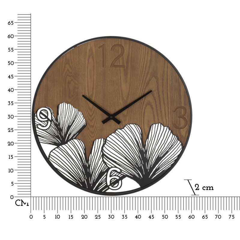 Grande Horloge murale originale Feuilles tropicales Ronde 60 cm en Bois Marron foncé Métal Noir Farla 