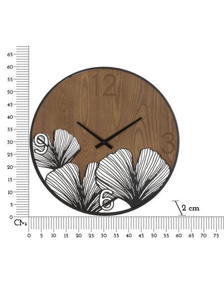 Grande Horloge murale originale Feuilles tropicales Ronde 60 cm en Bois Marron foncé Métal Noir Farla 