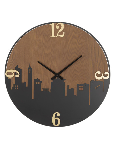 Grande Horloge murale industrielle Ville Ronde 60 cm en Métal Noir Bois Marron foncé City - 1