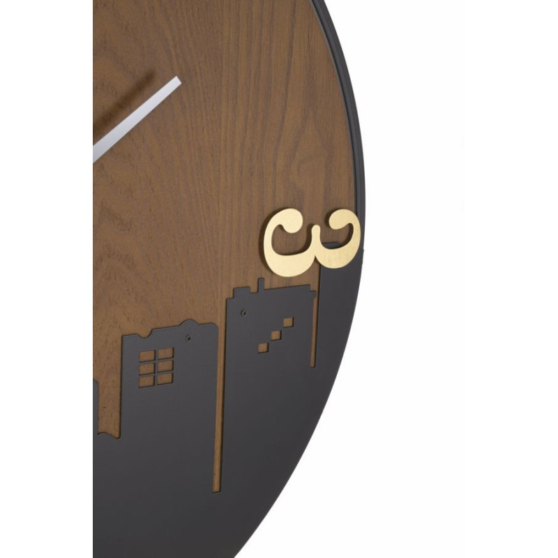 Grande Horloge murale industrielle Ville Ronde 60 cm en Métal Noir Bois Marron foncé City - 2