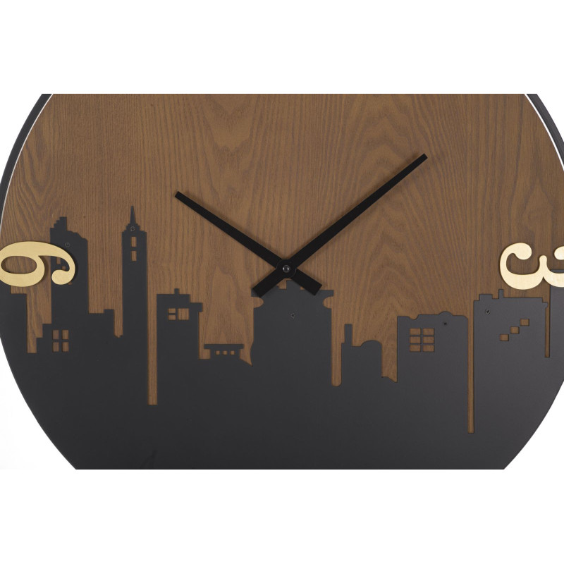 Grande Horloge murale industrielle Ville Ronde 60 cm en Métal Noir Bois Marron foncé City - 3