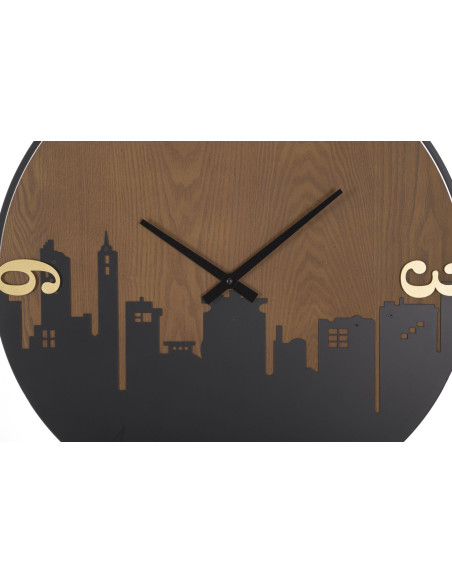 Grande Horloge murale industrielle Ville Ronde 60 cm en Métal Noir Bois Marron foncé City - 3