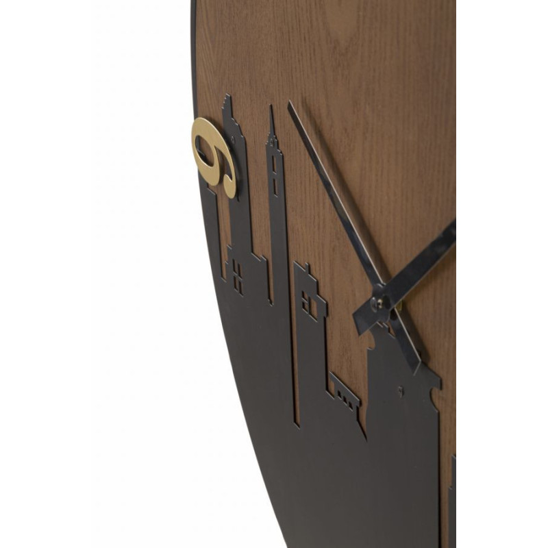 Grande Horloge murale industrielle Ville Ronde 60 cm en Métal Noir Bois Marron foncé City - 4