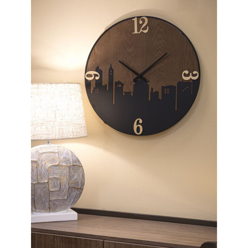 Grande Horloge murale industrielle Ville Ronde 60 cm en Métal Noir Bois Marron foncé City - 5