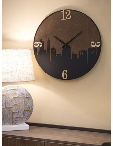 Grande Horloge murale industrielle Ville Ronde 60 cm en Métal Noir Bois Marron foncé City - 5