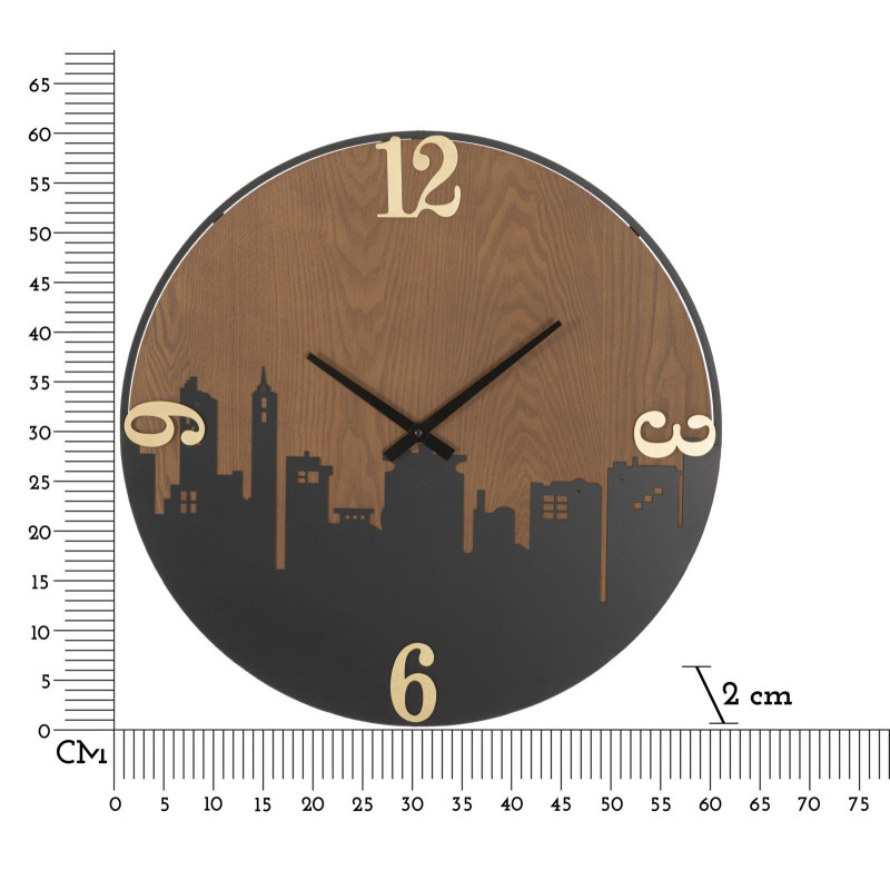 Grande Horloge murale industrielle Ville Ronde 60 cm en Métal Noir Bois Marron foncé City - 6