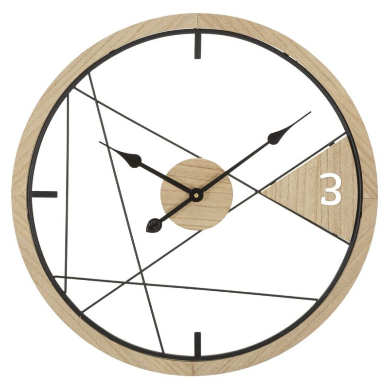 Grande Horloge murale moderne Ronde 60 cm en Métal Noir Bois Naturel Geometric 