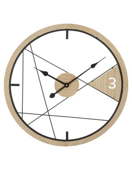 Grande Horloge murale moderne Ronde 60 cm en Métal Noir Bois Naturel Geometric 