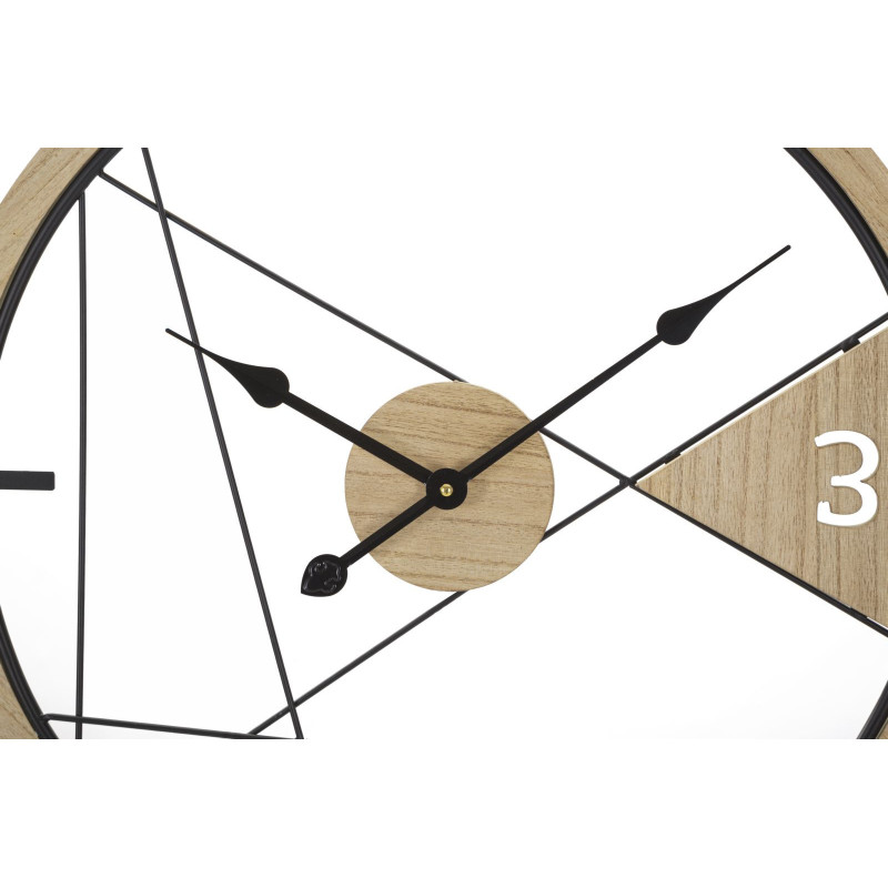 Grande Horloge murale moderne Ronde 60 cm en Métal Noir Bois Naturel Geometric 